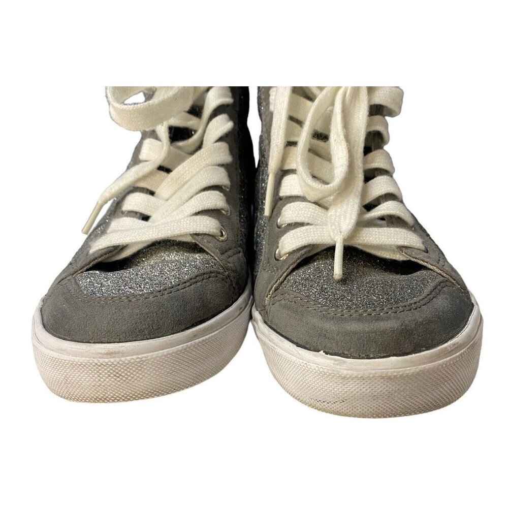 GUESS Women Sneakers Size 7M Silver Glitter Rhinestones High Top Lace Up S-1 - Picture 2 of 9